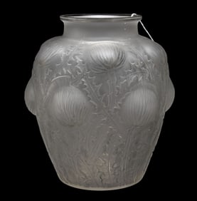 Rene Lalique French Crystal Domremy Vase, C. 1926 - Clear frosted crystal vase featuring continuous