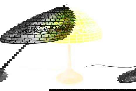 Tiffany Studios, Lummis Table Lamp, 'Acorn' Shade - Patinated bronze Tiffany Studios table lamp: Tiffany Studios, Lummis Table Lamp, 'Acorn' Shade - Patinated bronze Tiffany Studios table lamp base, "LUMMIS", model #333. Three-light. Base marked to underside: "TIFFANY STUDIOS / NEW YORK / 333". W