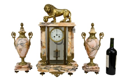 Samuel Marti French Portico Clock Garniture Set, C. 1900 - An antique marble portico clock by Samuel
