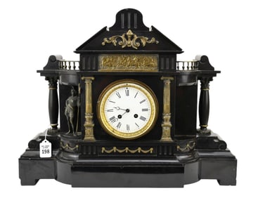Antique French Japy Freres Slate Mantel Clock - C. Late 19th/early 20th century. A black slate case