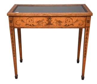 Diminutive Marquetry Vitrine with Hinged Top Urn & Bell Flower Design, 30"h x 31"w x