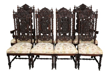 8 Jacobean Style Heavily Carved Oak Chairs, 6 Side, 2 Arm, Each With Masks & Barley Twist Stiles,