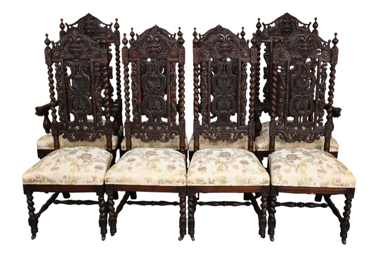 8 Jacobean Style Heavily Carved Oak Chairs, 6 Side, 2 Arm, Each With Masks & Barley Twist Stiles, (1 of 11)