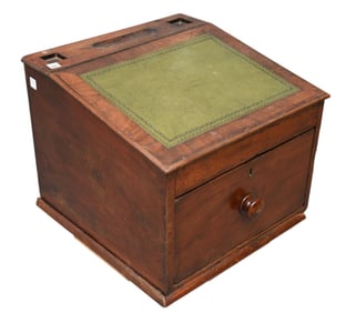 19th c. Travel Desk, Green Leather Surface, Large Single Drawer, 21"h x 17"w x 17"d (wood pcs.