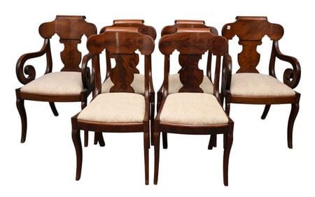 6 Sheraton Mahogany Chairs, Vase Shape Splats, Rolled Crests on Sabre Legs, 34"h x 18"w (one needs