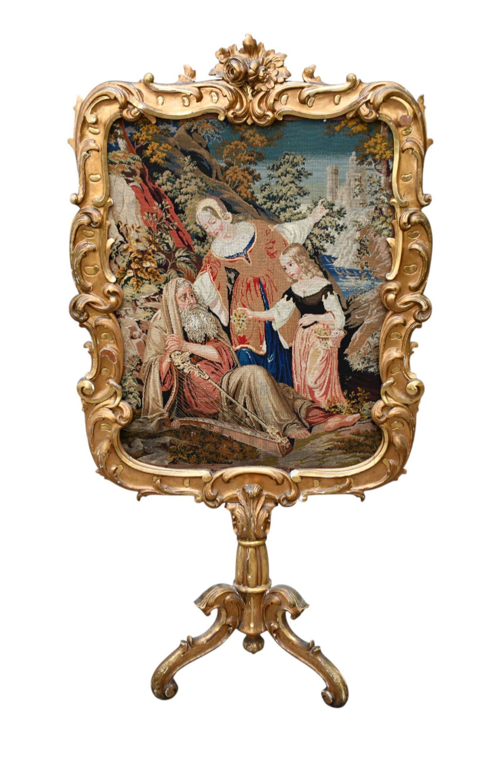 French Baroque Style Gilt Wood Carved Fireplace Screen, Early 19th c. Removeable Needlepoint Panel, (1 of 11)