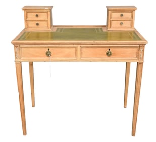 Pine Writing Desk, 2 Drawer Cubbies Over Leather Surface Over 2 Side by Side Drawers On Tapered