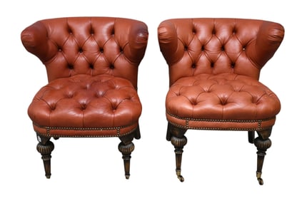 Pair Chesterfield Tufted Brown Leather Chairs, 28"h x 26"w x 22"d (One Chair Missing