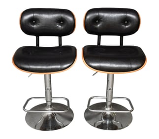 Pair Black Leather Plycraft Style & Chrome Adjustable Bar Stools, 38"h x