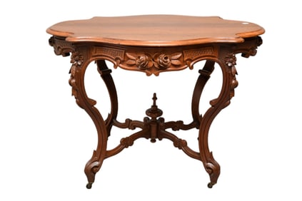 Walnut American Turtle Top Shape Center Table, Carved Rosettes & Fruit, X Stretcher Base on Castors,