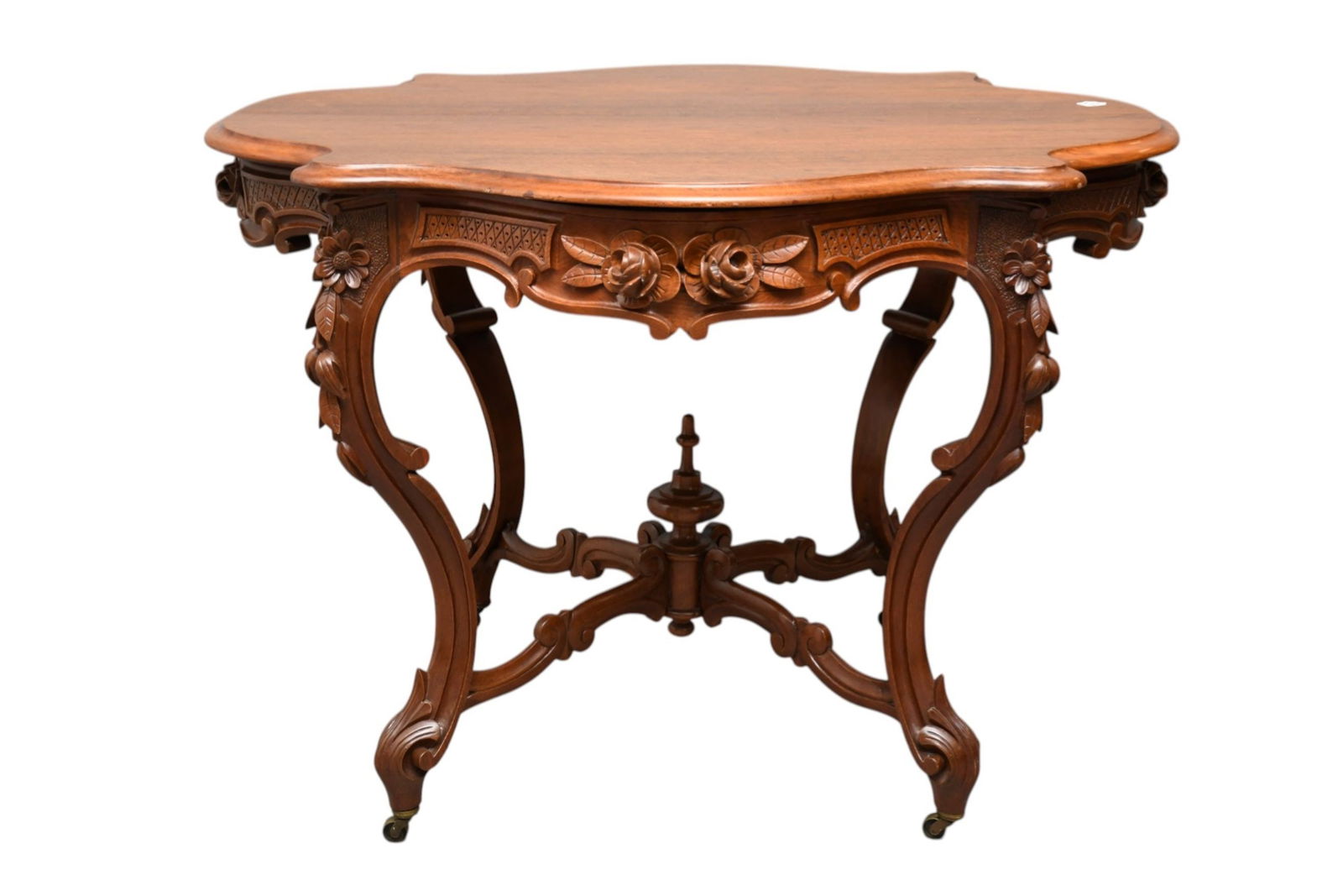 Walnut American Turtle Top Shape Center Table, Carved Rosettes & Fruit, X Stretcher Base on Castors, (1 of 6)