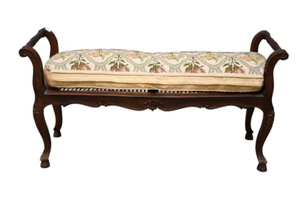 Vintage Caned Bench with Needlepoint Cushion, 22"h x 42"w x