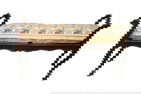 Vintage Caned Bench with Needlepoint Cushion, 22"h x 42"w x: Vintage Caned Bench with Needlepoint Cushion, 22"h x 42"w x 14"d ***If this item is not picked up by the Friday following the auction, it will be moved to offsite storage and pickup will be by appoint