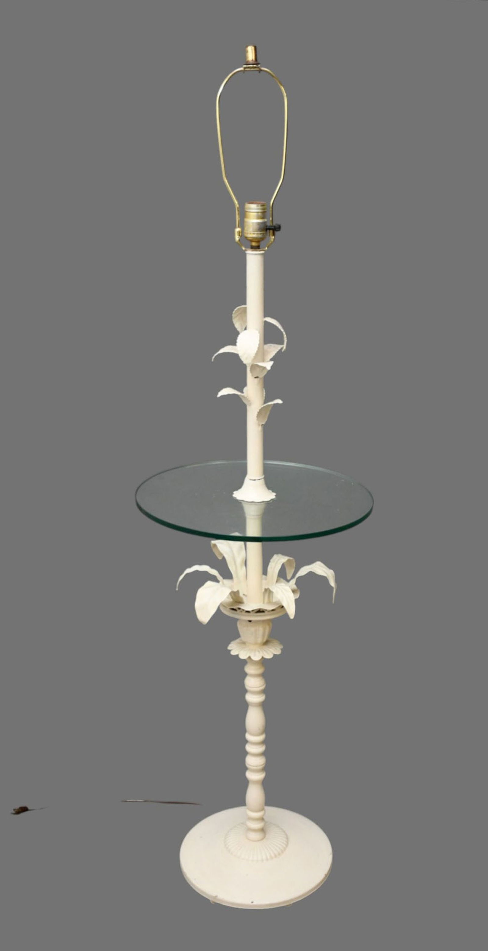 Vintage Metal Floor Lamp, White with Leaves & Glass Table, 47"h to socket (1 of 3)