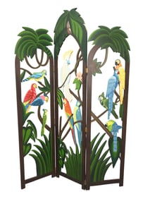 Contemporary Painted Wood Folding Screen with Birds & Palms Motif, 86"h x 20"w each