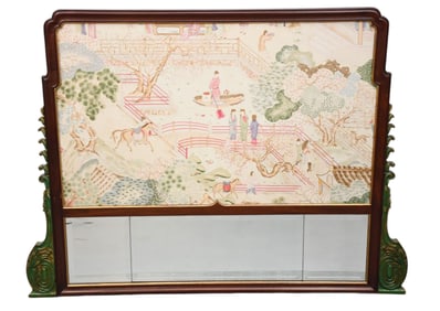 Chinese Motif Upholstered Framed Panel with Beveled Mirror, Carved Wood & Green Accents on Side,