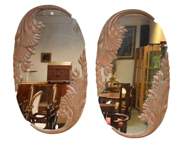 Pair Oval Whitewash Wood Frame Mirrors, 46"H x