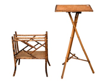 Vintage 2 French Bamboo Pieces, Trifed Stand (33"h x (15" x 10"top) AND Magazine Rack (needs repair)