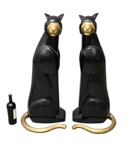 2 Art Deco Fiberglass Seated Black Cats with Brass Accents, 38"h x