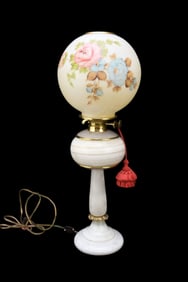 Onyx Lamp with Gone with the Wind style painted glass shade. 26 inches overall.  Lampe base is 18