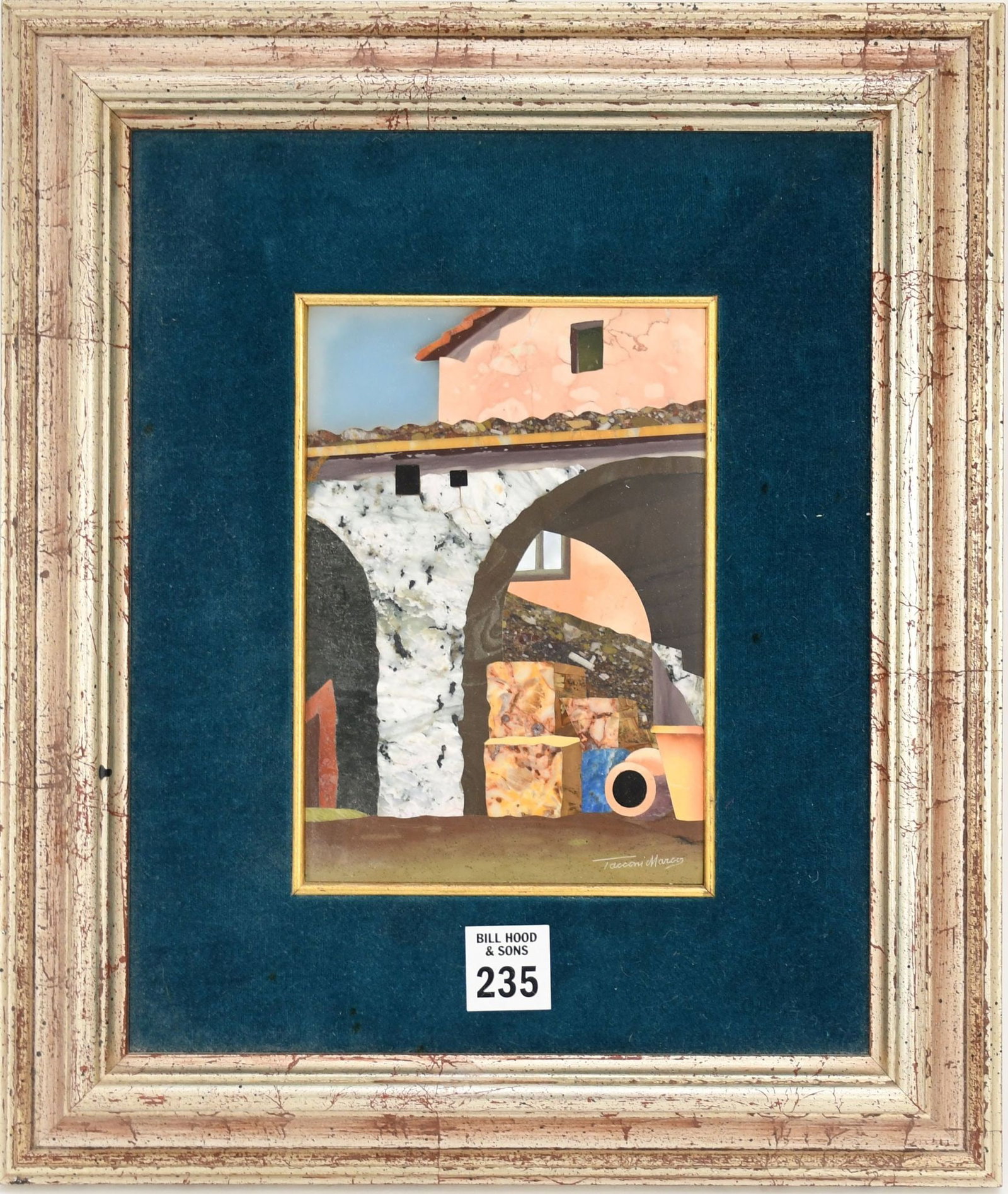 Italian Pietra Dura plaque by Marco Tacconi Stone workers shop Scene, 7 x 5 inches. Overall with: Italian Pietra Dura plaque by Marco Tacconi Stone workers shop Scene, 7 x 5 inches. Overall with frame 14 x 12 inches.