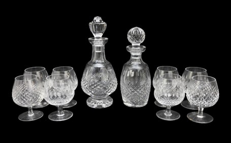 Waterford Crystal Lot, Colleen Pattern, 2 Decanters, 12"h tallest AND 8 Brandy Glasses, 5"h (2