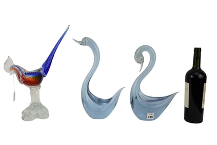 3 Pcs. Murano Italy Glass, Blue, Red & Clear Bird (15"h x 10"w) AND Blue Swans (13 1/2"h x 9"w)