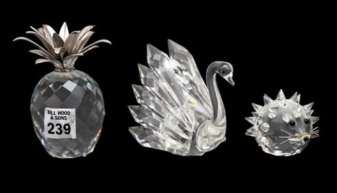 3 Swarovski Crystal Pieces, Swan (4"w), Pineapple (4 1/2"h) And Porcupine