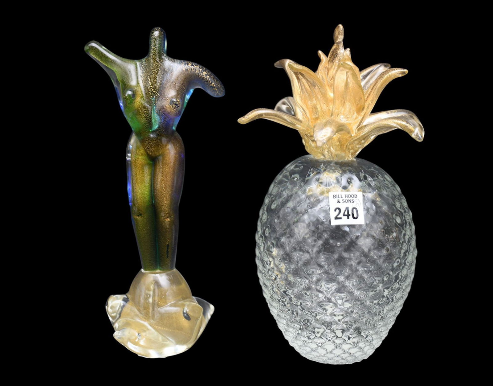 2 Murano Italy Glass Pieces, Pineapple with Gold Flecks in Crown, (11"h x 7"w) AND Female Sculpture, (1 of 5)