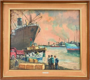 Gino Maggi Italian 20th Century, Industrial Dock Scene signed and dated 1964. Oil on canvas 18 x 22