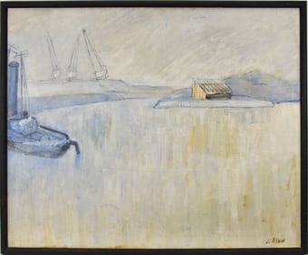 J Allan minimalist painting, landscape with cranes, oil on canvas 28 x 34 inches. Overall framed