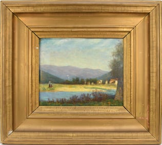 Antique oil on panel after Monet landscape figures by the water mountains in the background panel 13