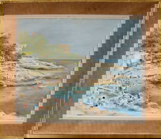 French impressionistic beach scene sign illegibly and dated 1968, oil on canvas,  painting depicting