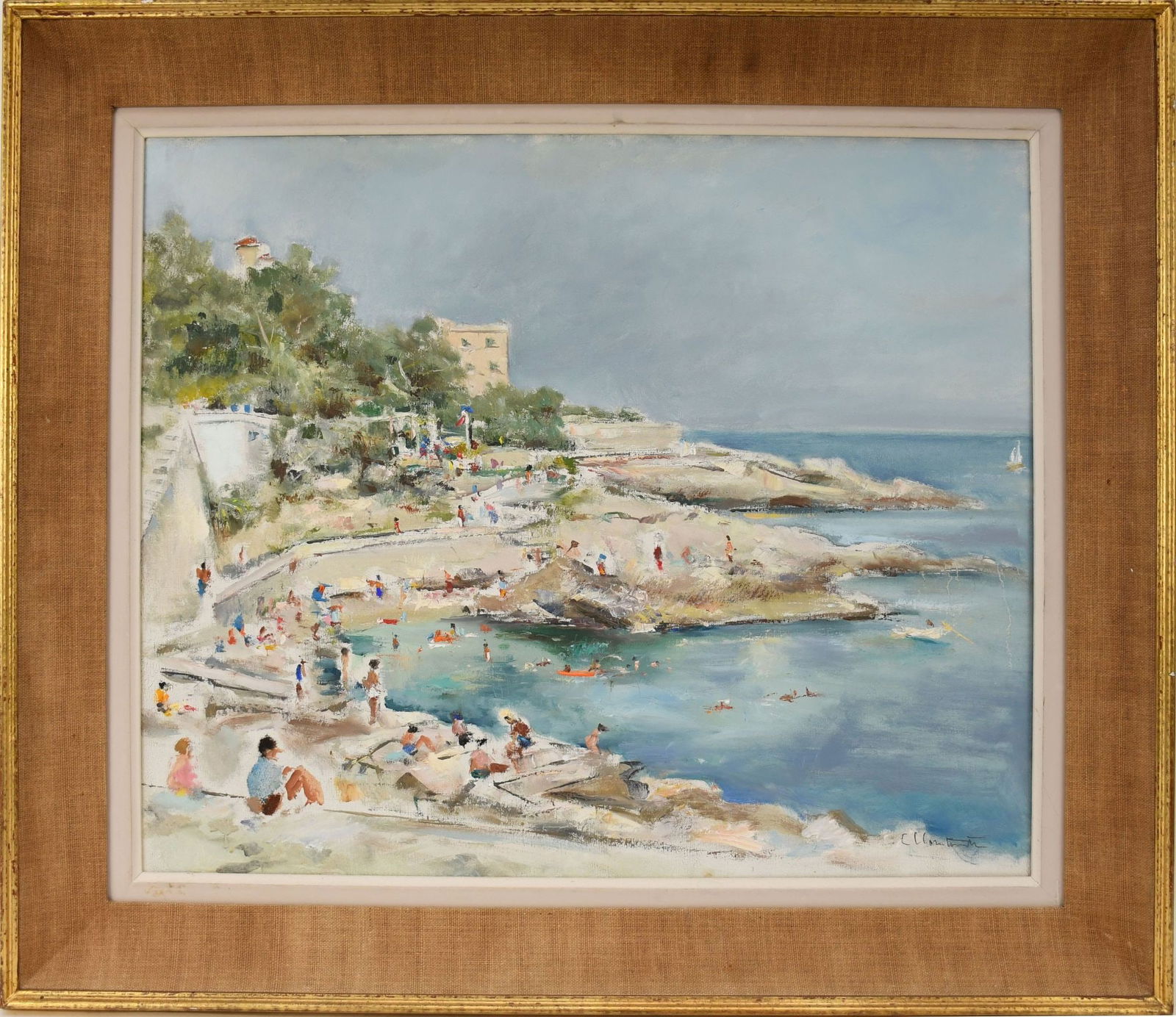 French impressionistic beach scene sign illegibly and dated 1968, oil on canvas,  painting depicting (1 of 11)