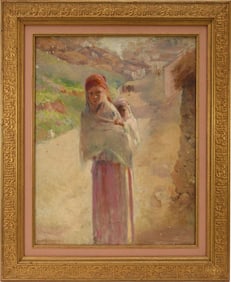 Claude Firmin (French, 1864-1944)  oil on panel,  Femme  avec Bebe,  18 x 14 and three-quarter