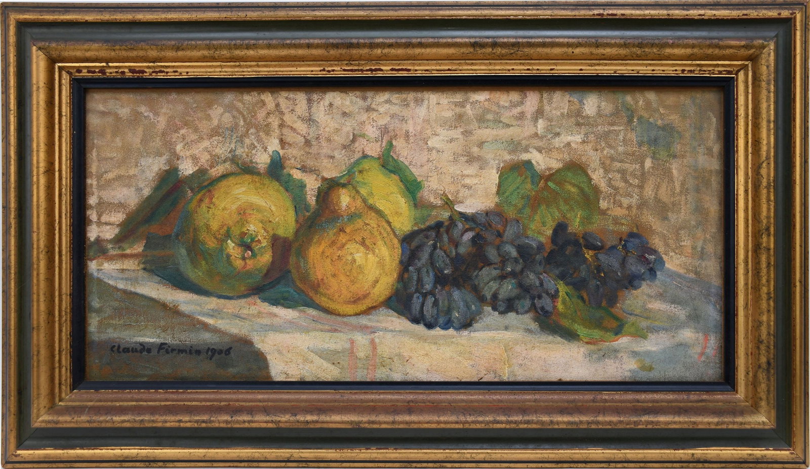 Claude Firmin (French, 1864-1944) oil on canvas, still like fruits, painting 9 1/2 x 20 1/2“.: Claude Firmin (French, 1864-1944) oil on canvas, still like fruits, painting 9 1/2 x 20 1/2“. Overall frame size 14 1/2 x 25 1/2“ signed and dated 1906