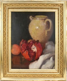 Henri Royet (France 1850 - 1918) oil on board, still life fruit and vase in a gilt frame painting 14