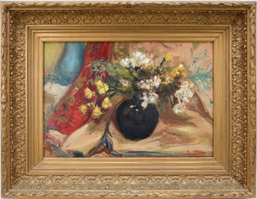 Antoine Serra (France 1908 - 1995) oil on canvas, flower bouquet in black vase painting 15 x 21-3/4
