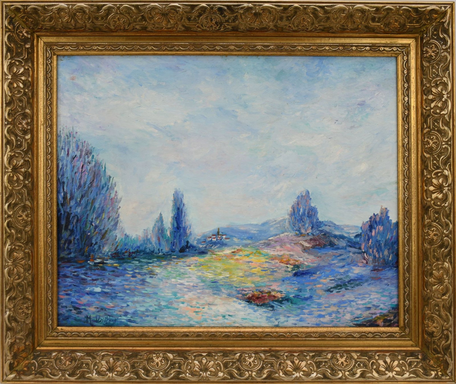 Michele Vaillant oil on board, LAVANDE, blue Landscape with hills and tree's panel size 12-3/4 x 16: Michele Vaillant oil on board, LAVANDE, blue Landscape with hills and tree's panel size 12-3/4 x 16 inches, Frame 21" x 17"