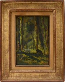 Albert Mathieu (France 1894-1962) oil and panel, Sheep in forest, 10 1/2 x 7 1/4“ overall frame