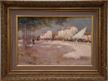 Charles Malfroy (France 1862-1918) oil on canvas village Canal boats, passage de Provonce.