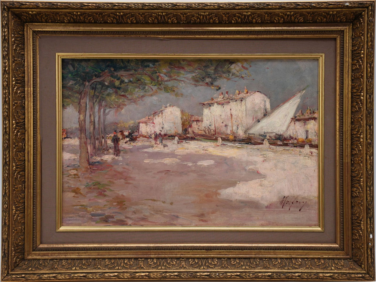 Charles Malfroy (France 1862-1918) oil on canvas village Canal boats, passage de Provonce.: Charles Malfroy (France 1862-1918) oil on canvas village Canal boats, passage de Provonce. painting 16 1/2 x 16“ overall frame size 16 1/4 x 22“