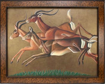 Nancy Jolly (American, B. 1945)  oil on canvas 30 x 40 inches. Deco style Gazelles,  overall frame