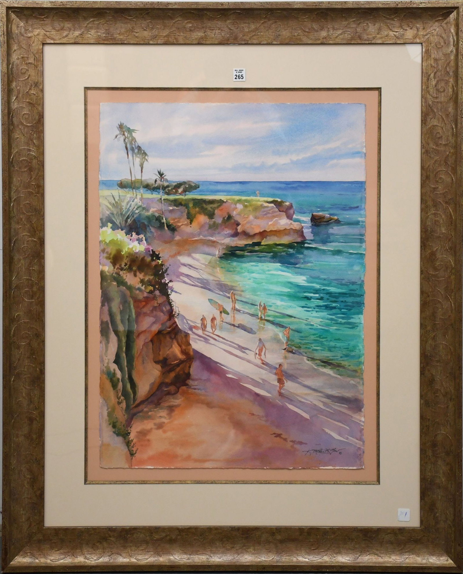 Karen Mclean McGaw (California 20th Century) Watercolor "La Jolla Beach with Many people. signed: Karen Mclean McGaw (California 20th Century) Watercolor "La Jolla Beach with Many people. signed lower right, sheet/painting size 22 x 30 inches. overall 46 1/2 x 38 1/2 inches.