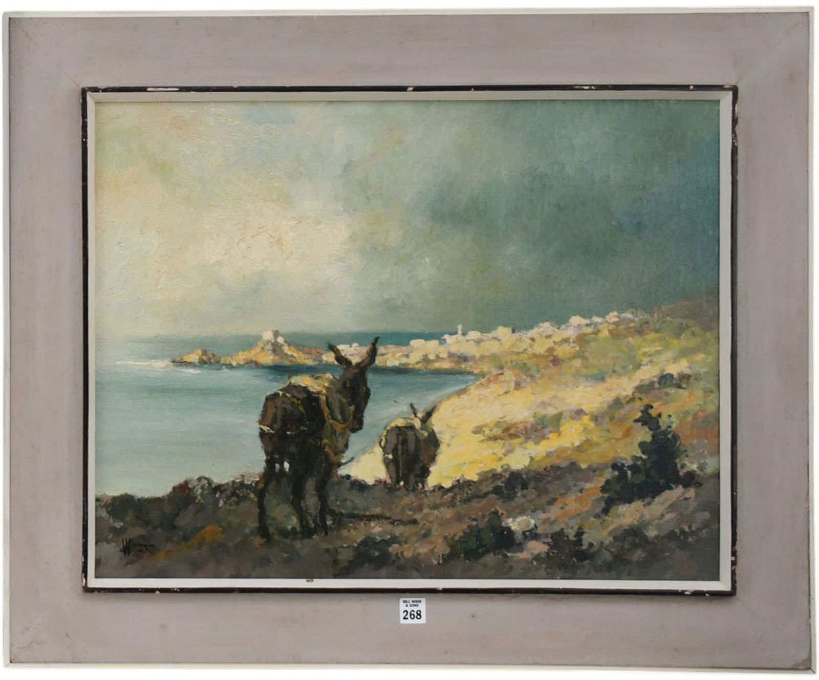 William Weintraub ( American/Israeli 1926-2017) Oil on board, Donkey on a hill by coastline: William Weintraub (American/Israeli 1926-2017) Oil on board, Donkey on a hill by coastline pntg. 20 x 25 inches. Overall frame size 26-1/4 x 32 inches.