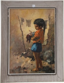 William Weintraub ( American/Israeli 1926-2017) oil on canvas girl playing with doll