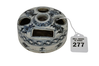 Chinese Blue & White Porcelain Ink Pot - A porcelain ink pot with a central opening and three round
