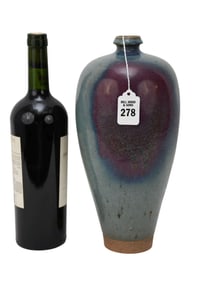Chinese Flambe Glazed Meiping Vase - Stoneware plum vase with thick mottled light blue glaze with
