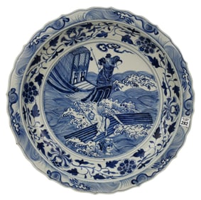 Chinese Blue & White Porcelain Charger - An extra large porcelain shallow bowl, scalloped rim. Blue