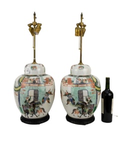 Pair Chinese Famille Verte Porcelain Ginger Jar Lamps - A pair of porcelain ginger jars with famille